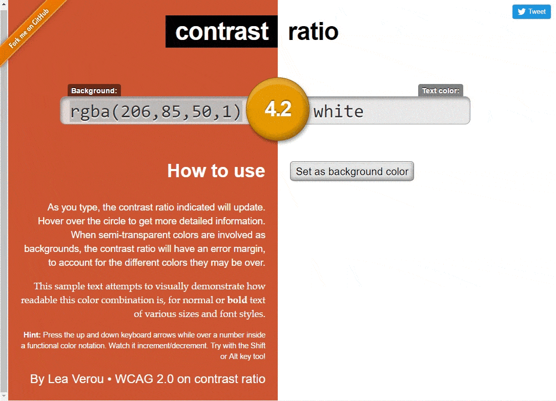 A demonstration of Lea Verou's color contrast accessibility testing tool