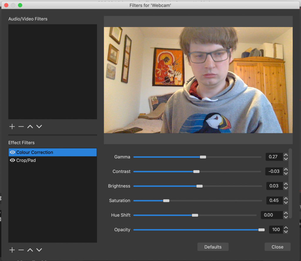 A preview image of an amateur AV engineer (yours truly) above some colour correction sliders.