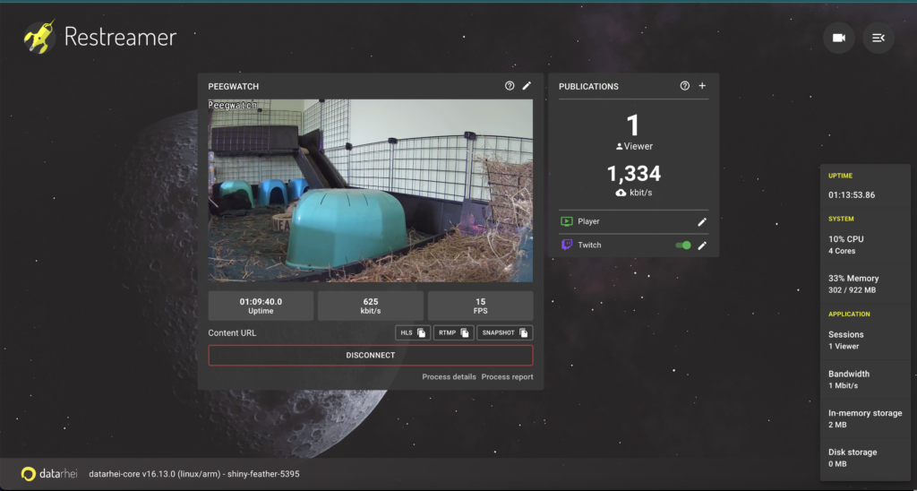 The Restreamer admin UI. A preview of the webcam feed is shown in the middle of the screen, with uptime (1 hour 9 minutes, video bandwidth (625 Kbps) and framerate (15 FPS) shown below that. On the right, a panel shows that 1 user is viewing the stream and that 1334 Kb/s of upload bandwidth is being used. The panel also shows that Twitch streaming is enabled. At the bottom right, further metrics are shown, including CPU (10% across 4 cores) and memory usage (33% of 922MB available memory)