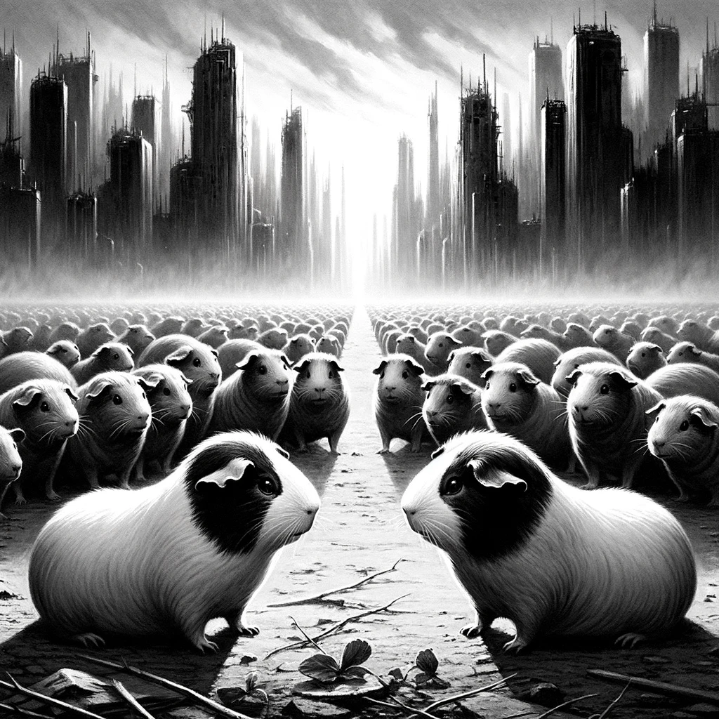 An AI-generated black and white illustration. A large crowd of guinea pigs, separated by a small gap that splits them into two. In the foreground, two guinea pigs are facing off against each other as if they were the leader of each faction. Ruined skyscrapers can be seen in the background.